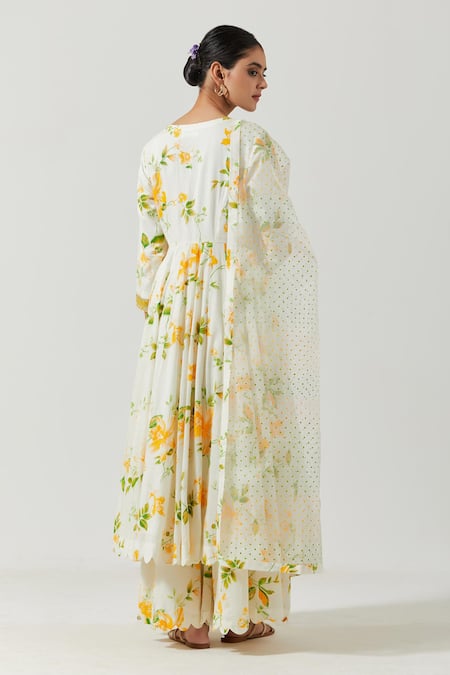 Shop Label Earthen Ivory Cotton Mul, Dupatta Organza Silk Printed Floral Print, Anarkali Set at Aza Fashions Shop_Label Earthen_Ivory Cotton Mul, Dupatta Organza Silk Printed Floral Print, Anarkali Set _at_Aza_Fashions
