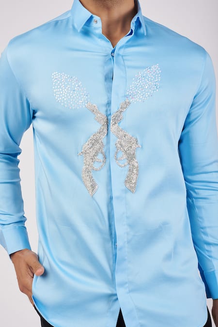 Sanjana Reddy Designs Blue Cotton Embroidery Sparkled Gun Shirt Online at Aza Fashions Sanjana Reddy Designs_Blue Cotton Embroidery Sparkled Gun Shirt _Online_at_Aza_Fashions