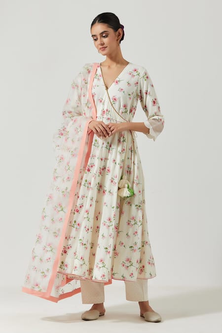 Label Earthen Ivory Cotton Mul Floral V Neck Printed Angarkha Kurta Set 
