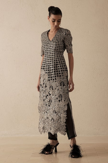 Varun Nidhika_Black Silk Organza, Tulle Cut Work, Embroidery V-neck Kiara Kurta Trouser Set _at_Aza_Fashions