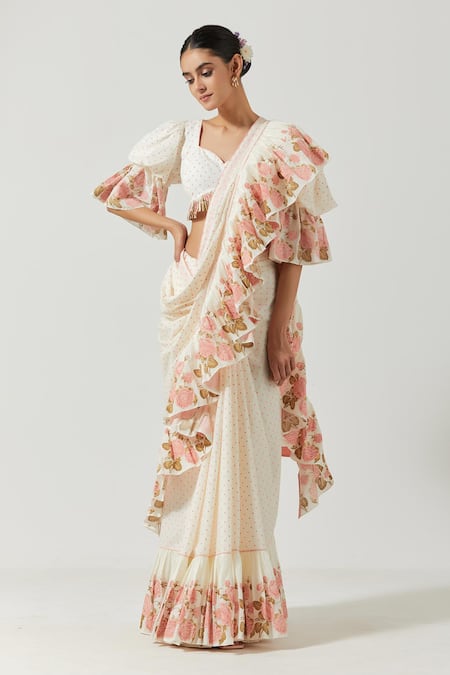Label Earthen_Ivory Cotton Mul Printed Floral Sweetheart Neck Ruffle Saree With Blouse _Online_at_Aza_Fashions