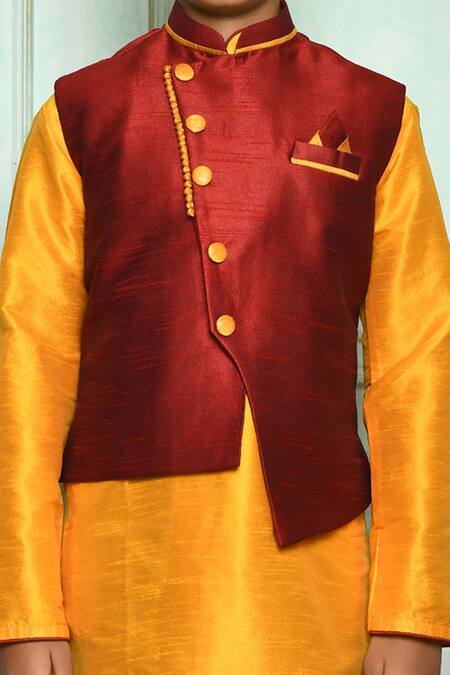 Adara Khan_Red Silk Blend Solid Asymmetric Hem Overlap Nehru Jacket _at_Aza_Fashions