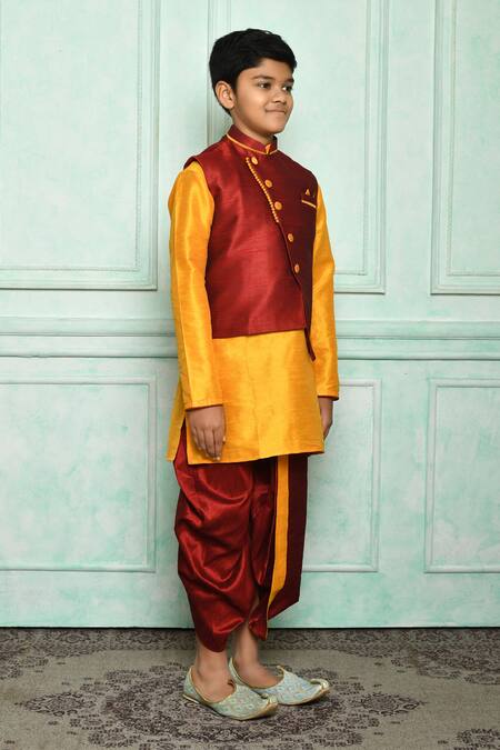 Shop_Adara Khan_Red Silk Blend Solid Asymmetric Hem Overlap Nehru Jacket _Online_at_Aza_Fashions