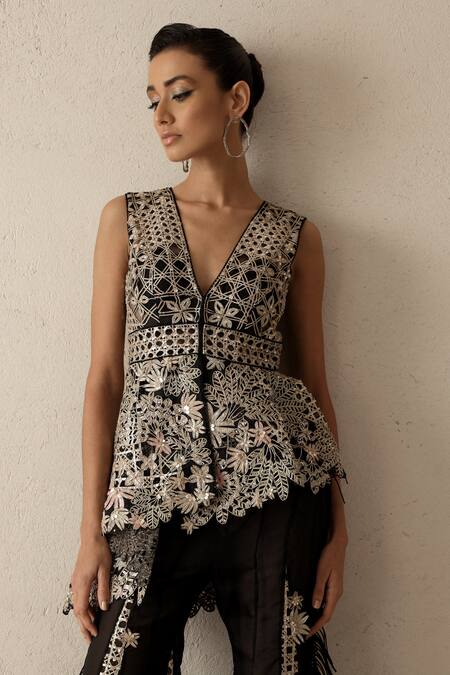 Buy_Varun Nidhika_Black Silk Organza Embroidery V-neck Akshi Metallic Peplum Jacket And Pant Set _Online_at_Aza_Fashions