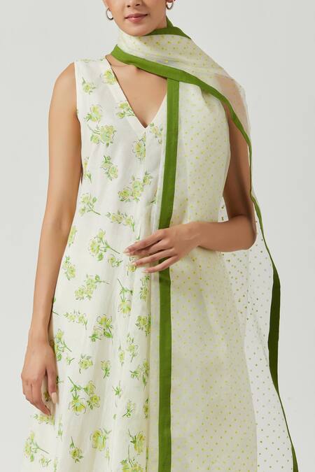 Buy_Label Earthen_Ivory Dupatta Organza Silk Polka Dot Printed, Kurta And Palazzo Chanderi Set _Online_at_Aza_Fashions