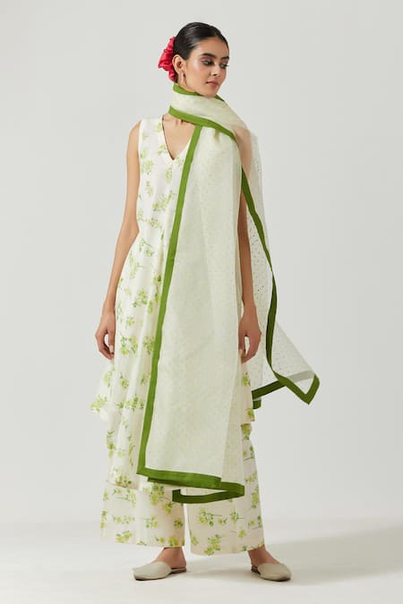 Shop_Label Earthen_Ivory Dupatta Organza Silk Polka Dot Printed, Kurta And Palazzo Chanderi Set _Online_at_Aza_Fashions