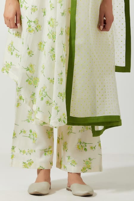 Label Earthen_Ivory Dupatta Organza Silk Polka Dot Printed, Kurta And Palazzo Chanderi Set _at_Aza_Fashions