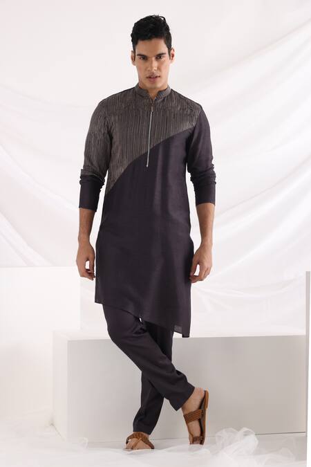 Shop_Smriti By Anju Agarwal_Black Linen, Satin, Bamboo, Cotton Embroidery Thread Bundi Kurta Set _Online_at_Aza_Fashions