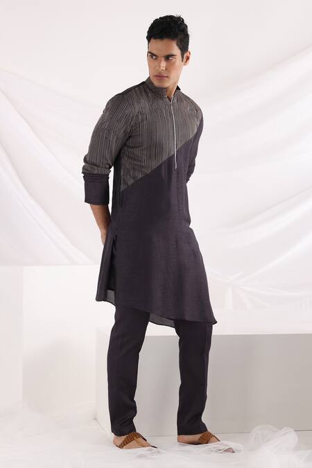 Smriti By Anju Agarwal_Black Linen, Satin, Bamboo, Cotton Embroidery Thread Bundi Kurta Set _at_Aza_Fashions