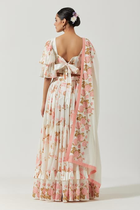 Shop_Label Earthen_Ivory Cotton Mul Floral Sweetheart Neck Print Lehenga Set _at_Aza_Fashions