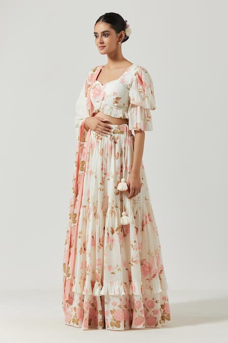 Label Earthen_Ivory Cotton Mul Floral Sweetheart Neck Print Lehenga Set _Online_at_Aza_Fashions