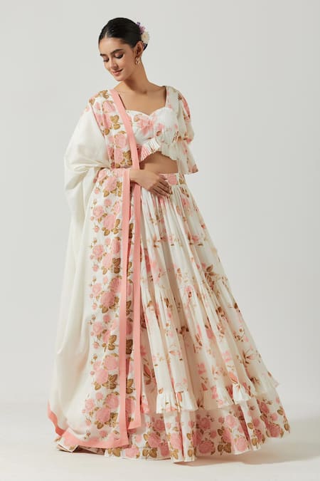 Buy_Label Earthen_Ivory Cotton Mul Floral Sweetheart Neck Print Lehenga Set _Online_at_Aza_Fashions