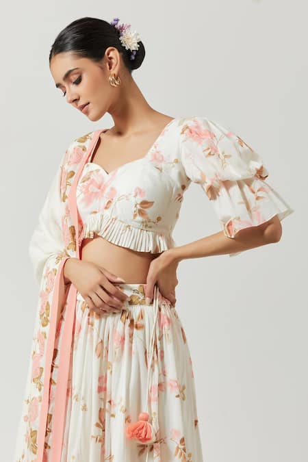 Shop_Label Earthen_Ivory Cotton Mul Floral Sweetheart Neck Print Lehenga Set _Online_at_Aza_Fashions