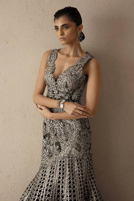 Varun Nidhika_Black Silk Organza Cut Work, Embroidery Plunge Neck Palm-bunai Gown _Online_at_Aza_Fashions