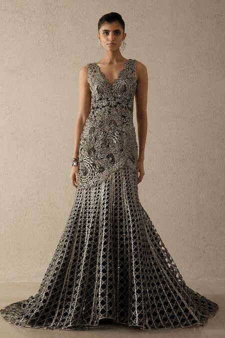 Shop_Varun Nidhika_Black Silk Organza Cut Work, Embroidery Plunge Neck Palm-bunai Gown _Online_at_Aza_Fashions