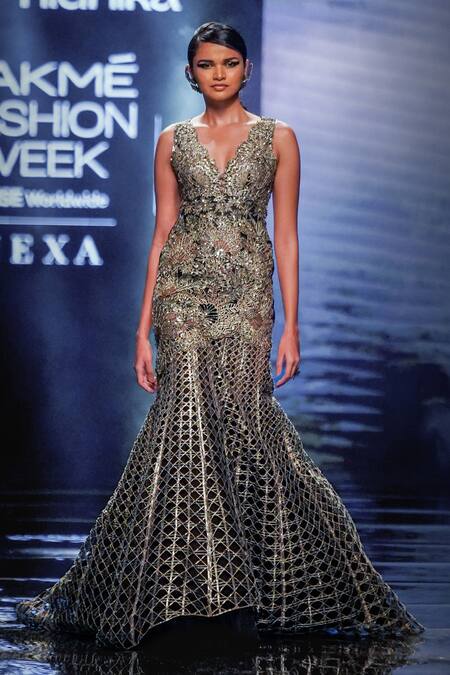 Varun Nidhika_Black Silk Organza Cut Work, Embroidery Plunge Neck Palm-bunai Gown _at_Aza_Fashions