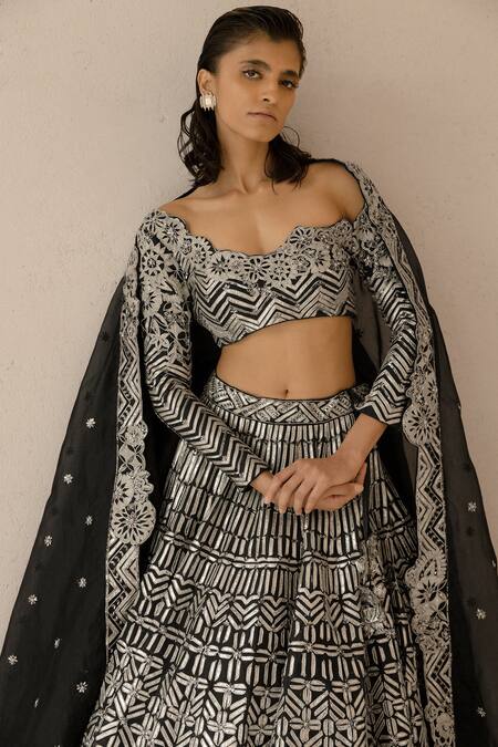 Varun Nidhika_Black Silk Organza Sequins Scoop Neck Bidri Embroidered Lehenga Set _Online_at_Aza_Fashions