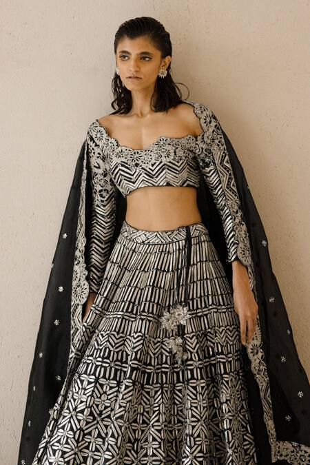 Shop_Varun Nidhika_Black Silk Organza Sequins Scoop Neck Bidri Embroidered Lehenga Set _Online_at_Aza_Fashions