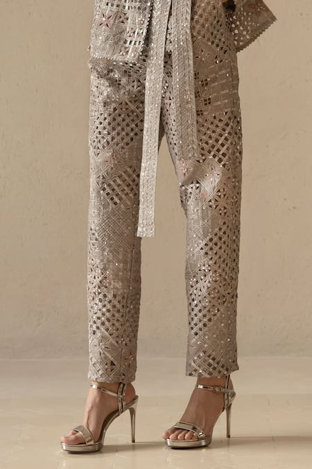 Varun Nidhika_Beige Silk Organza Embroidery Tara Jacket And Pant Set _Online_at_Aza_Fashions