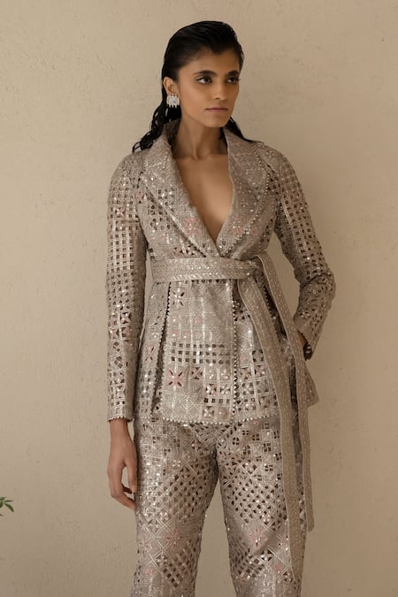 Buy_Varun Nidhika_Beige Silk Organza Embroidery Tara Jacket And Pant Set _Online_at_Aza_Fashions