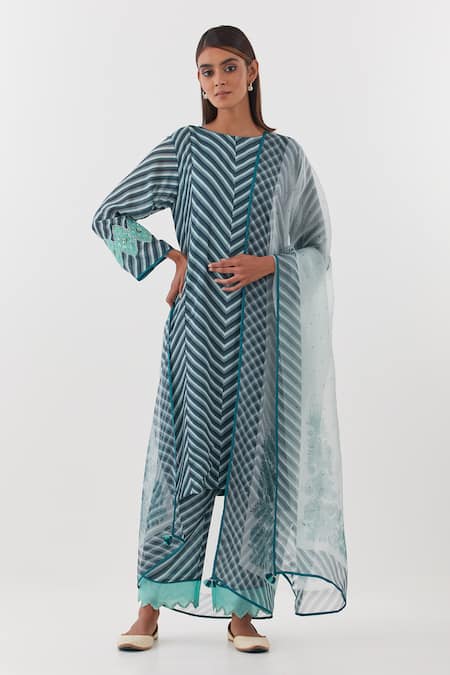 Amisha Kothari Blue Cotton, Organza, Zari, Madumati Stripe Pattern Straight Kurta Set 