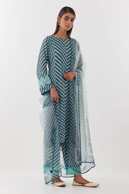 Amisha Kothari Blue Cotton, Organza, Zari, Madumati Stripe Pattern Straight Kurta Set Online at Aza Fashions Amisha Kothari_Blue Cotton, Organza, Zari, Madumati Stripe Pattern Straight Kurta Set _Online_at_Aza_Fashions