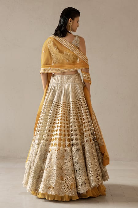 Shop_Varun Nidhika_Beige Silk Organza, Chiffon, Tulle Embroidery, Metallic Palm-bunai Lehenga Set _at_Aza_Fashions