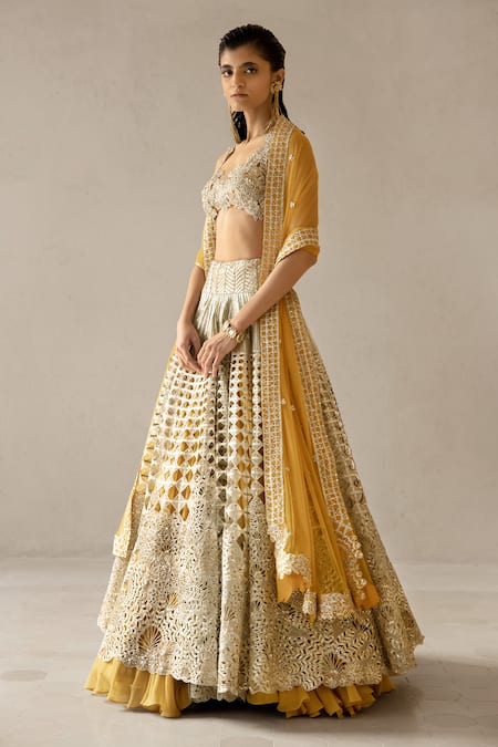 Buy_Varun Nidhika_Beige Silk Organza, Chiffon, Tulle Embroidery, Metallic Palm-bunai Lehenga Set _Online_at_Aza_Fashions