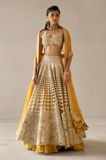 Shop_Varun Nidhika_Beige Silk Organza, Chiffon, Tulle Embroidery, Metallic Palm-bunai Lehenga Set _Online_at_Aza_Fashions