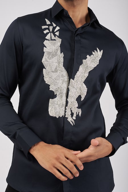 Sanjana Reddy Designs_Blue Cotton Embroidery Eagle Shirt _Online_at_Aza_Fashions