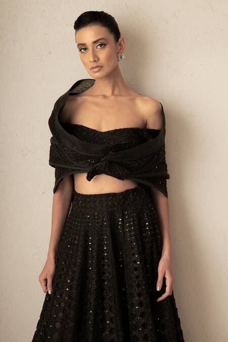 Shop_Varun Nidhika_Black Silk Organza Sequins Sweetheart Raat Tonal Cord And Embroidered Lehenga Set _Online_at_Aza_Fashions