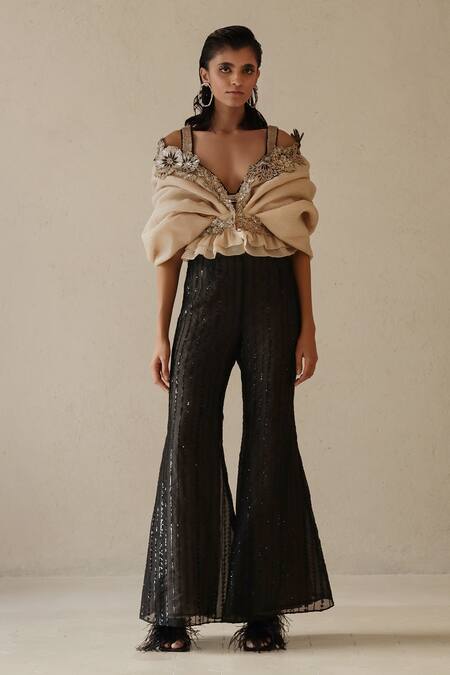 Varun Nidhika_Black Lurex Sequins, Applique Titli Cape And Bell Bottom Pant Set _Online_at_Aza_Fashions