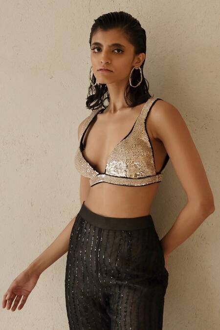 Shop_Varun Nidhika_Black Lurex Sequins, Applique Titli Cape And Bell Bottom Pant Set _Online_at_Aza_Fashions