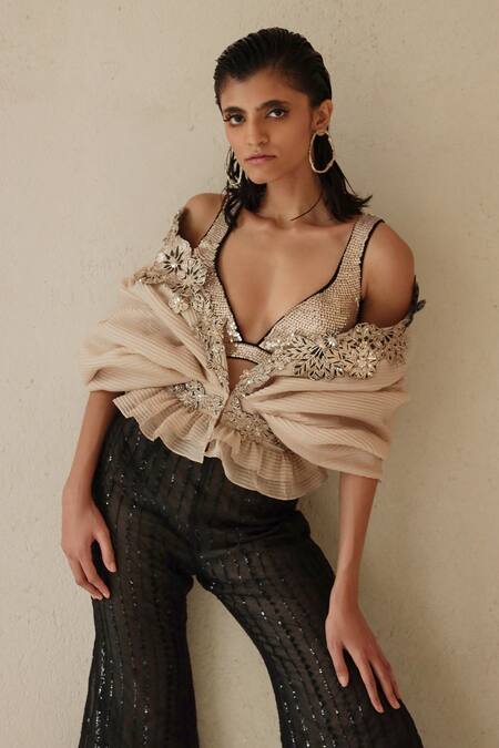 Buy_Varun Nidhika_Black Lurex Sequins, Applique Titli Cape And Bell Bottom Pant Set _Online_at_Aza_Fashions