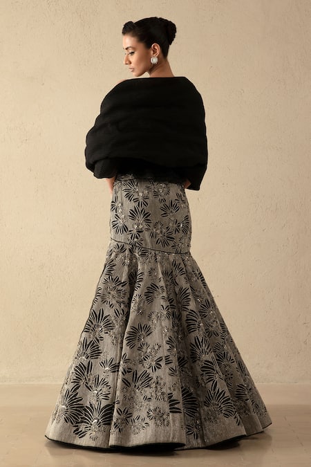 Varun Nidhika Black Embroidered Cape Lehenga Set 