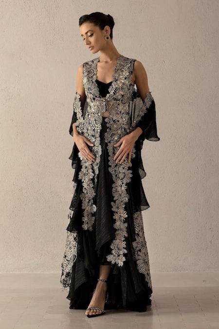 Varun Nidhika_Black Lurex, Silk Organza Embroidery, Sequins Chhaya Jacket Skirt Set _Online_at_Aza_Fashions