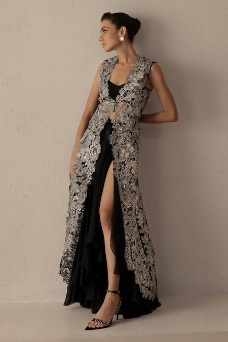 Buy_Varun Nidhika_Black Lurex, Silk Organza Embroidery, Sequins Chhaya Jacket Skirt Set _Online_at_Aza_Fashions