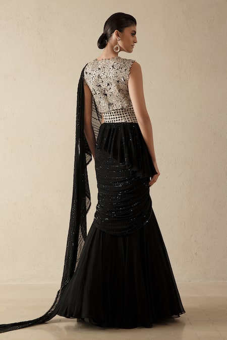 Varun Nidhika Black Sequin Embroidered Saree Gown 