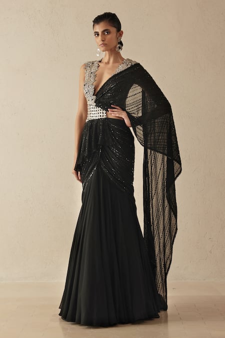 Buy_Varun Nidhika_Black Georgette, Silk Organza Sequins, Metallic Thread Embroidered Saree Gown _Online_at_Aza_Fashions