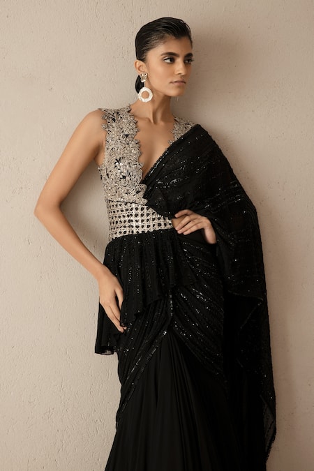 Shop_Varun Nidhika_Black Georgette, Silk Organza Sequins, Metallic Thread Embroidered Saree Gown _Online_at_Aza_Fashions