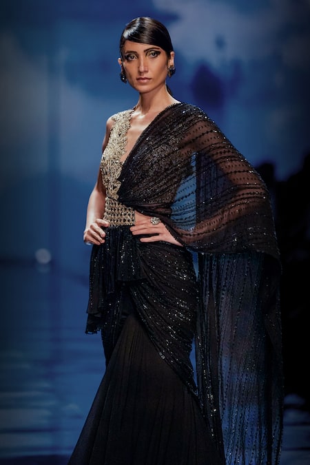 Varun Nidhika_Black Georgette, Silk Organza Sequins, Metallic Thread Embroidered Saree Gown _at_Aza_Fashions