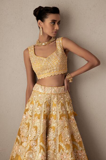 Varun Nidhika Yellow Silk Organza, Tulle Embroidery V-neck Floral Lehenga Set Online at Aza Fashions Varun Nidhika_Yellow Silk Organza, Tulle Embroidery V-neck Floral Lehenga Set _Online_at_Aza_Fashions