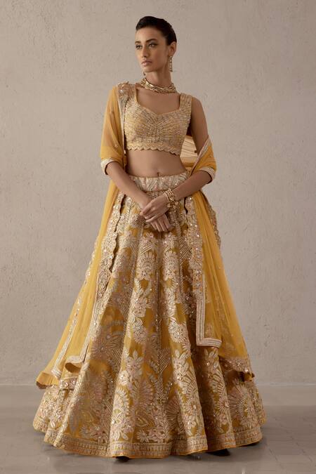 Buy Varun Nidhika Yellow Silk Organza, Tulle Embroidery V-neck Floral Lehenga Set Online at Aza Fashions Buy_Varun Nidhika_Yellow Silk Organza, Tulle Embroidery V-neck Floral Lehenga Set _Online_at_Aza_Fashions