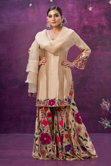 Label Niti Bothra Ivory Kora Silk Applique Mughal Round Floral Kurta Sharara Set 