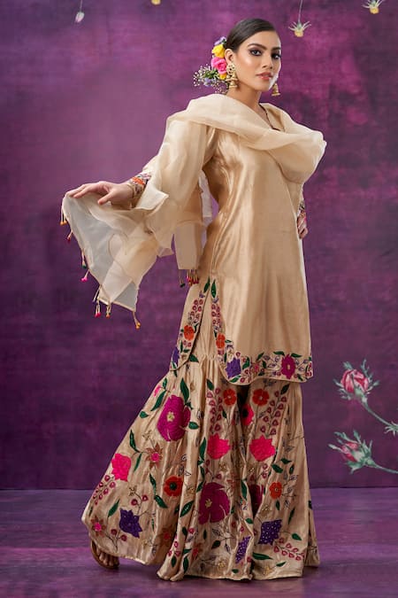 Shop_Label Niti Bothra_Ivory Kora Silk Mughal Round Floral Applique Kurta Sharara Set _at_Aza_Fashions