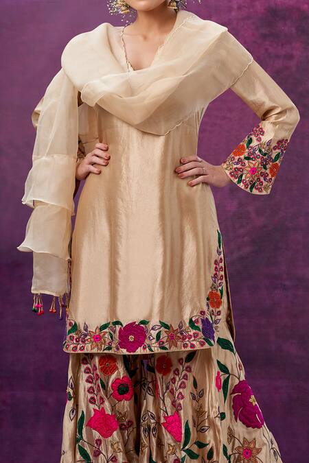 Shop_Label Niti Bothra_Ivory Kora Silk Mughal Round Floral Applique Kurta Sharara Set _Online_at_Aza_Fashions