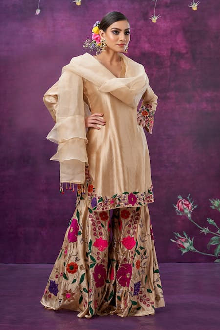 Label Niti Bothra_Ivory Kora Silk Mughal Round Floral Applique Kurta Sharara Set _Online_at_Aza_Fashions