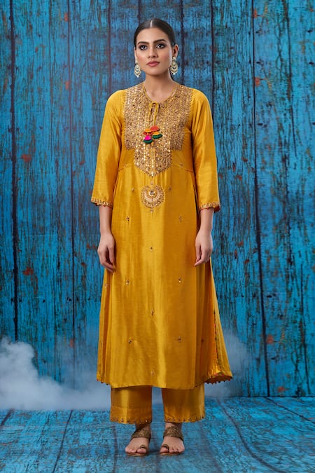 Shop_Label Niti Bothra_Yellow Silk Marodi, Tikki, Zardozi Round Kurta And Palazzo Set _at_Aza_Fashions