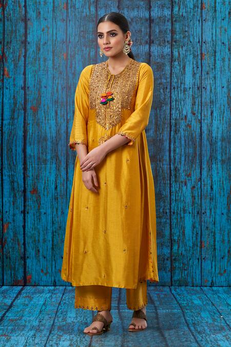 Label Niti Bothra_Yellow Silk Marodi, Tikki, Zardozi Round Kurta And Palazzo Set _Online_at_Aza_Fashions