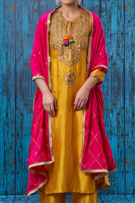 Buy_Label Niti Bothra_Yellow Silk Marodi, Tikki, Zardozi Round Kurta And Palazzo Set _Online_at_Aza_Fashions
